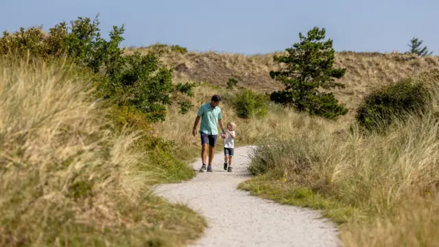 Vader en zoon wandelen in de duinen