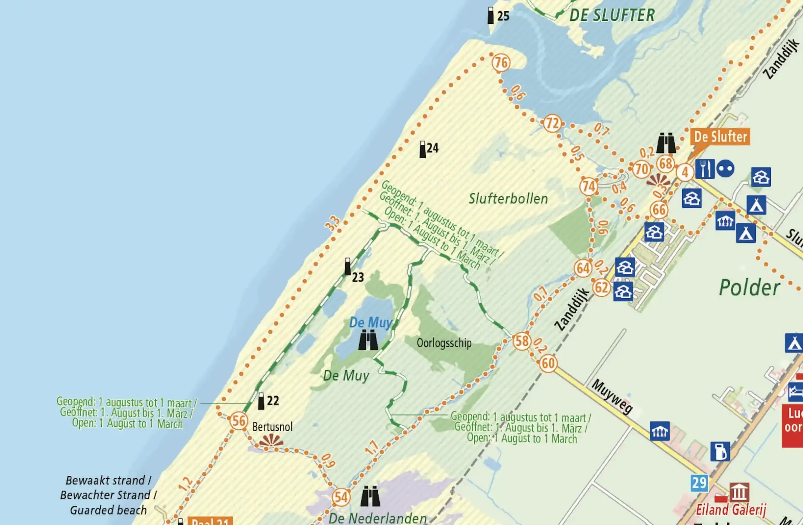 Grüne Routen auf den Karte von Texel